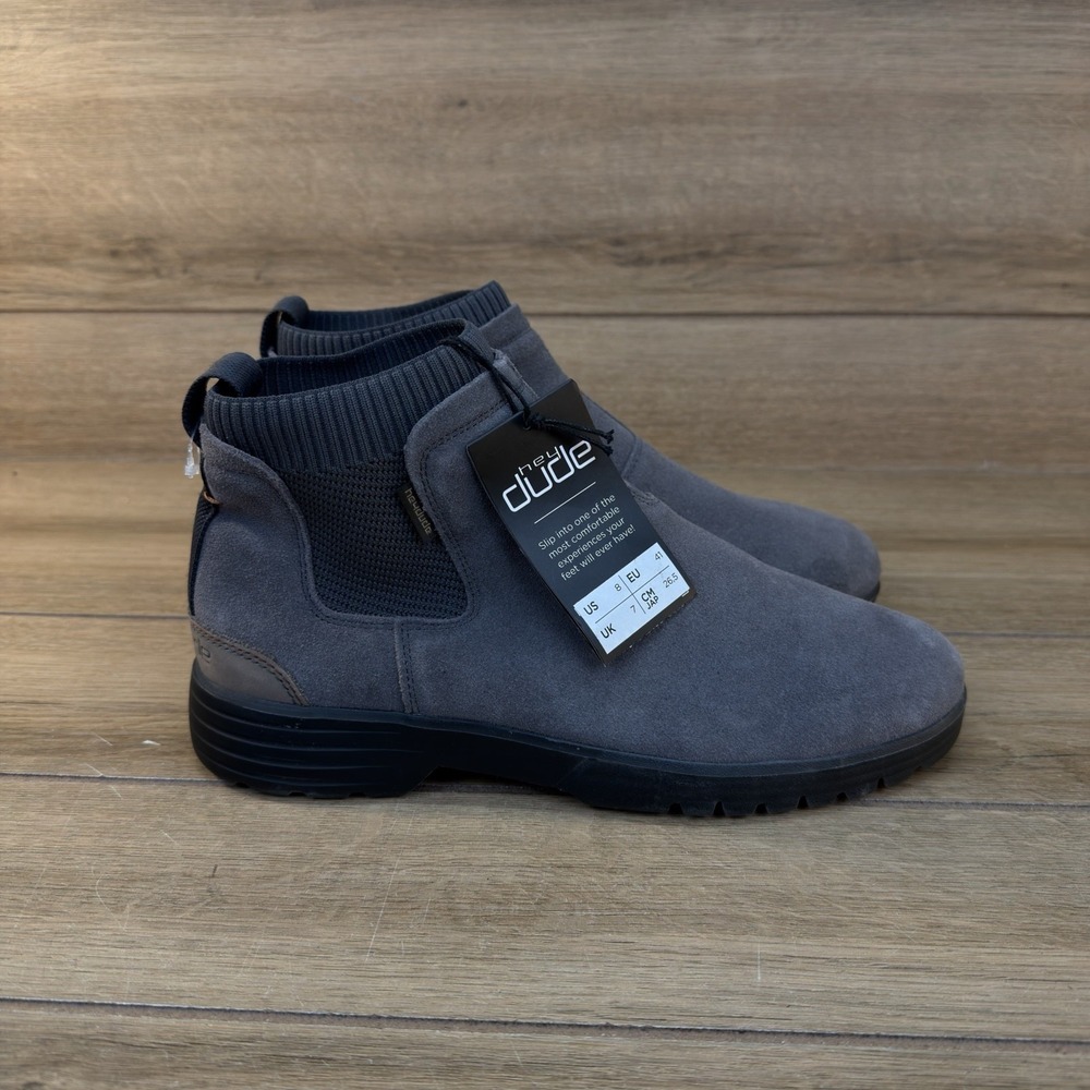 Hey Dude Scott Grip Chelsea Boots Men's Size 8 Pull On Gray Black Suede New